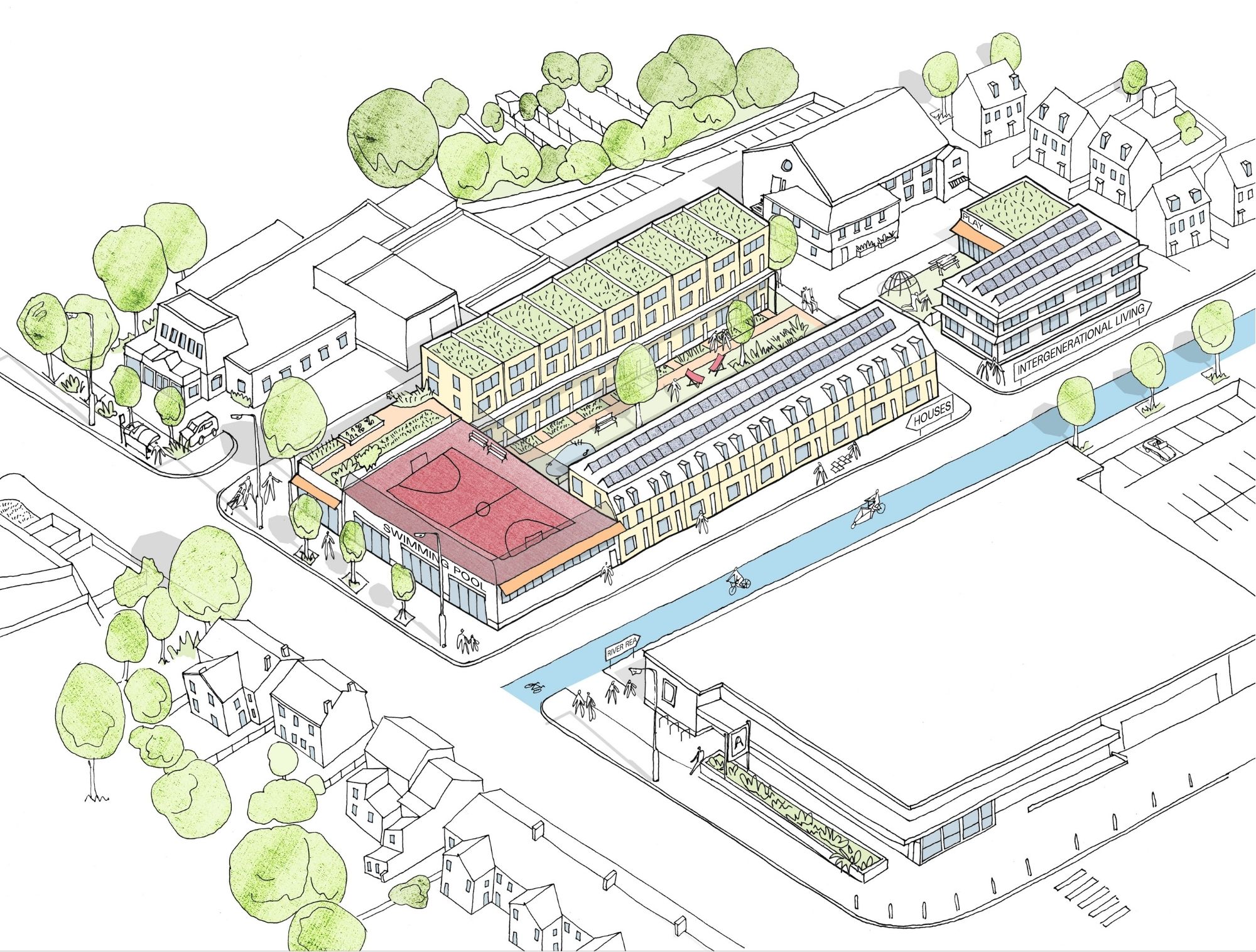 Sketch of new development showing new buildings, games pitch on roof, playground, cycle lane and greenery
